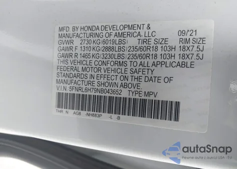 2022 Honda Odyssey Ex-L z USA, uszkodzony, nr VIN 5FNRL6H79NB043652
